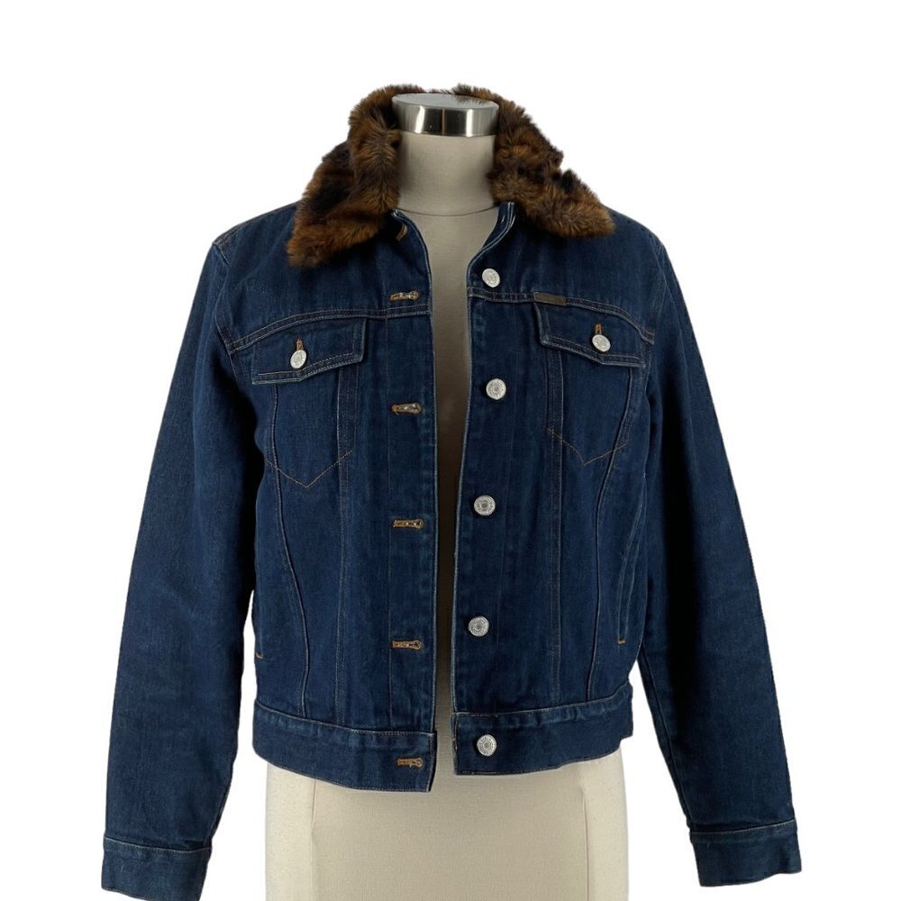 Vintage Y2K Ralph Lauren Trucker Jean Jacket Removable Faux Fur Collar Quilted S